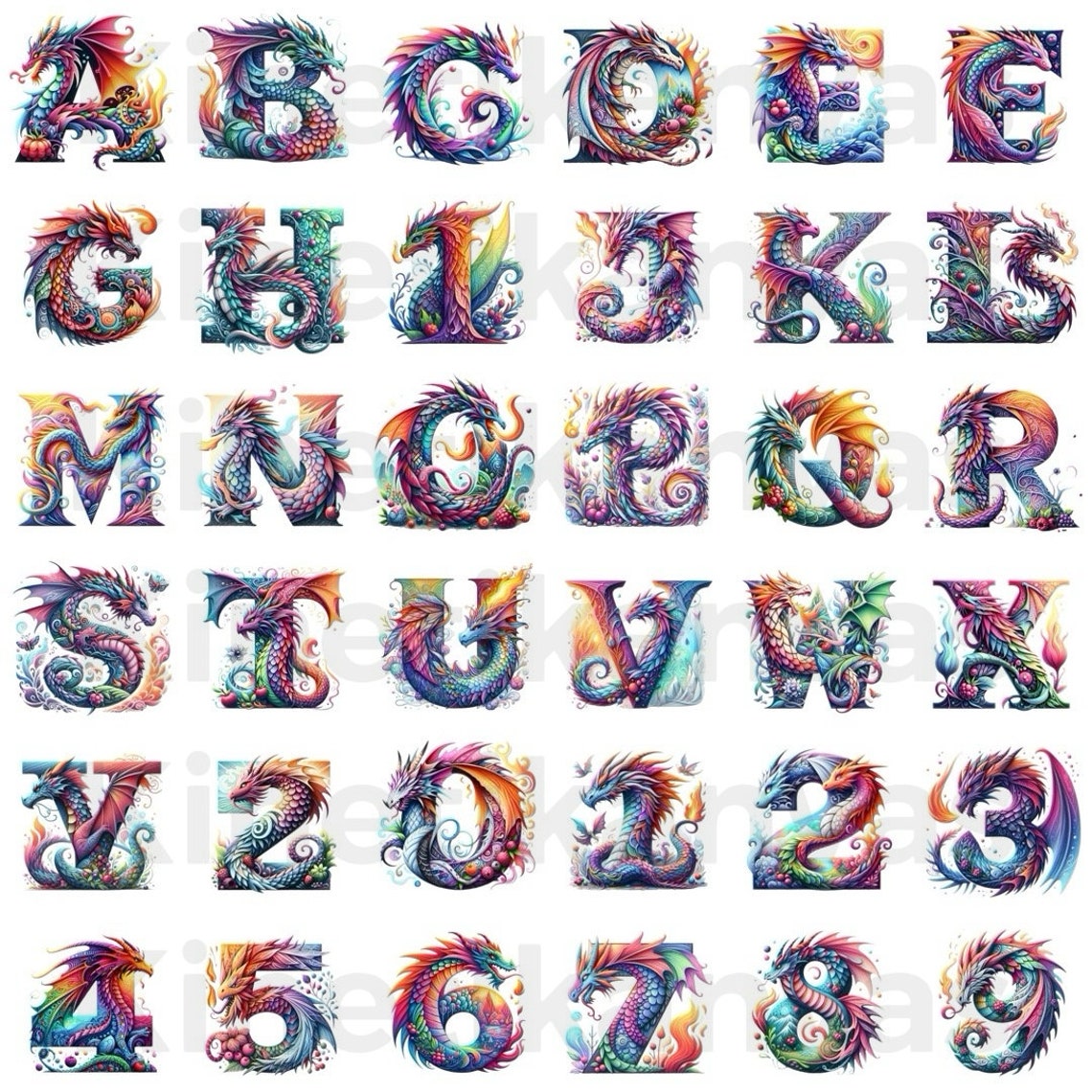 Fantasy Dragon Alphabets & Numbers Clipart, Fantasy Digital Art PNG ...