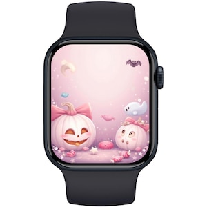 May include: A black smartwatch with a Halloween-themed display. The screen features two white pumpkins with pink bows, surrounded by bats, ghosts, and candy on a pink background. The watch has a black band.