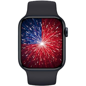 May include: A black smartwatch with a fireworks display on the screen. The display features a split design with red and blue bursts of light emanating from a central point. The watch has a black band and a digital interface.