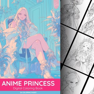 Anime Princess 26 Page Cute Manga Fantasy Greyscale Coloring Book, Coloring Pages for Children & Adults, Instant Download, Printable PDF