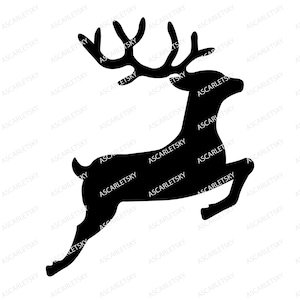 Puede incluir: Silueta negra de un reno con cuernos saltando en el aire.