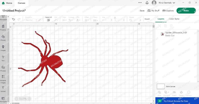 May include: A red spider silhouette design on a white grid background. The spider has eight legs and a rounded body. The text "ASCARLETSKY" is visible on the spider's body. The image is a digital design, likely for crafting or graphic design projects.