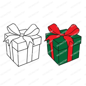 May include: Two gift boxes, one is green with a red bow and the other is outlined in black with a white bow.