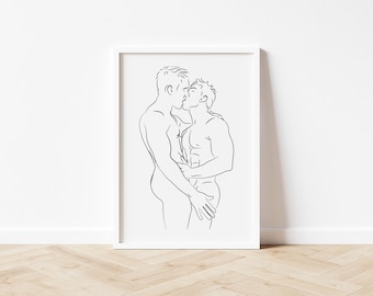Grafika liniowa „Gay Kiss”: Minimalistyczna para do druku (pobranie cyfrowe)