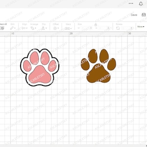 Op de afbeelding: Drie poot afdruk ontwerpen in een digitaal ontwerp programma. De poot afdrukken zijn grijs, roze en bruin. De ontwerpen zijn op een witte raster achtergrond.