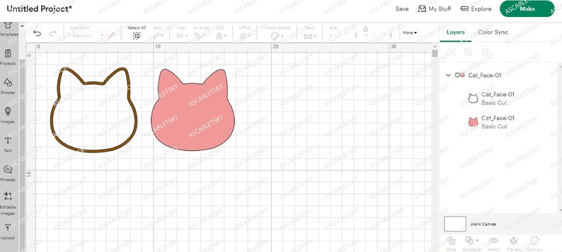 May include: Two cat face cutouts, one brown and one pink, on a white grid background. The cutouts are in a design program with a layer panel showing the name "Cat Face-01".