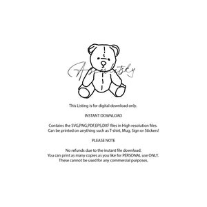 Op de afbeelding: Een zwart-witte lijntekening van een teddybeer die met gekruiste benen zit. De tekst "Applitsky" staat boven de beer. De tekst "This Listing is for digital download only. INSTANT DOWNLOAD Contains the SVG,PNG,PDF,EPS,DXF files in High resolution files. Can be printed on anything such as T-shirt, Mug, Sign or Stickers! PLEASE NOTE No refunds due to the instant file download. You can print as many copies as you like for PERSONAL use ONLY. These cannot be used for any commercial purposes." staat onder de beer.