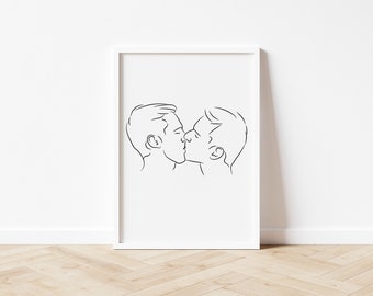 Gay Couple Line Art Print: Minimalist Kissing Lovers (Digital Download)