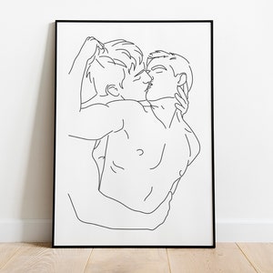 Impression d&#39;art au trait Gay Kiss : deux hommes, corps masculin (téléchargement numérique)