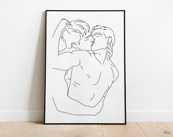 Gay Kiss Line Art Print: Two Men, Male Body (Digital Download)