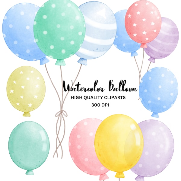 Watercolor Balloons Clipart, PNG Balloons Clipart, Birthday Balloon Clipart, Baby Shower Balloons Clipart