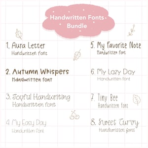 May include: A digital illustration of eight handwritten fonts, each with a unique style and name. The fonts are displayed on a grid background with a pink cloud at the top that says "Handwritten Fonts Bundle".