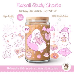 Kawaii Pastel Ghosts Glass Can Wrap PNG: 16oz Libbey Glass Design (Digital Download
