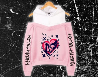 Pink Hell Hotell Cut Schouder Hoodie, Hotel Hazbin Hoodie, Pullover Hoodie, Y2K Streetwaer Hoodie, 2-delige hoodie, Cartoon Print Hoodie