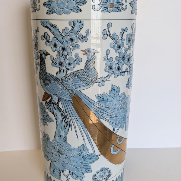 FREE SHIPPING. Vintage Gold Amari Hand Painted Umbrella Stand 18" Tall Classy Traditional Chinoiserie Grandmillenial Old Money Oriental