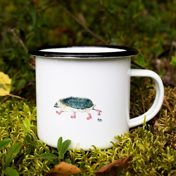 Hedgehog Enamel Camping Mug, print, for friends, Autumn mug, outdoor mug travel mug, floral mug, botanical mug, homeware gifts, adventure