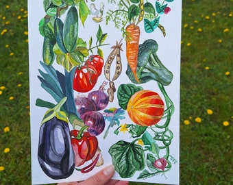 Original watercolour and gouache painting of Veggies, Original Art, Veggelover, Kitchen Painting, Nature Art, Room Wall Art, Vegetables