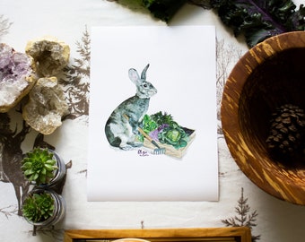 Watercolor Rabbit Garden Art Print, Hare Poster