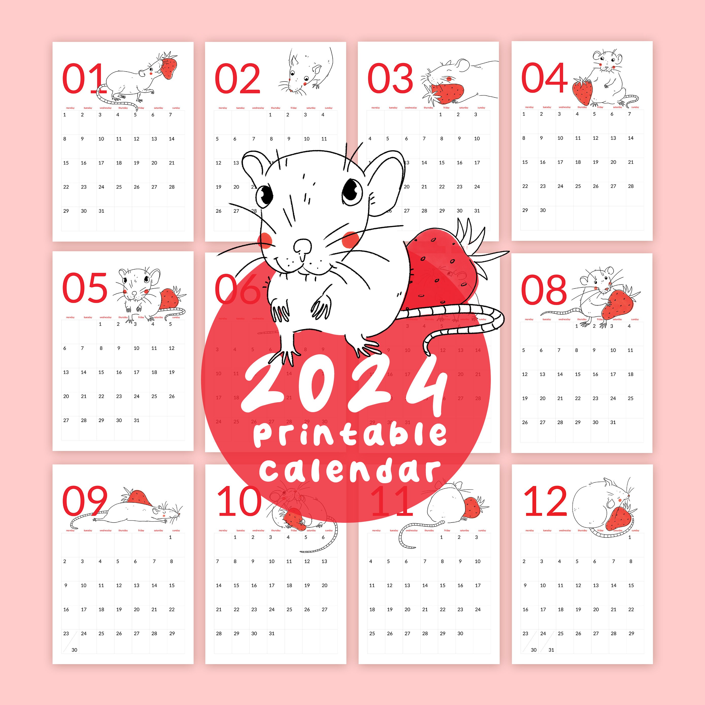 2024-printable-calendar-cute-rat-design-digital-a4-calendar-etsy