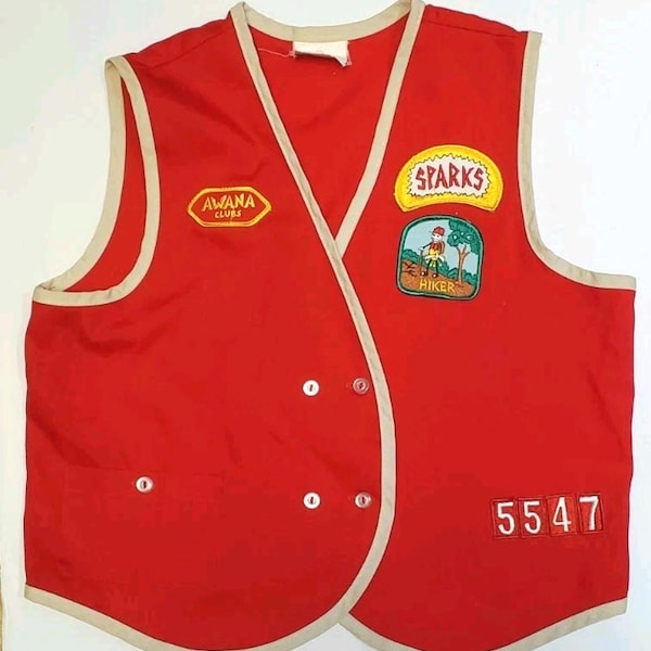 Vintage AWANA Sparks Weste Uniform Patches Hiker Made in USA Red XL