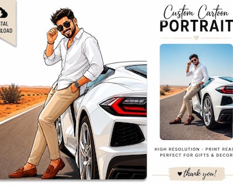Custom Man Car Portrait, Personalized Cartoon Illustration (Digital Download)