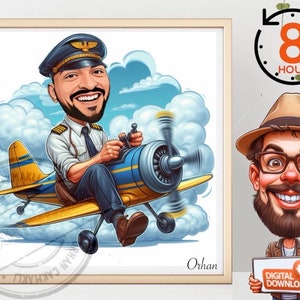 Custom plane captain Cartoon Portrait, pilot Portrait, air plane Gift, captain Caricature, fly Caricature, Caricature from Photo