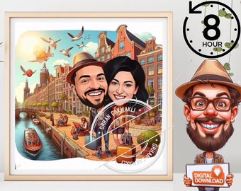 Retrato personalizado de pareja en Ámsterdam, regalo de aniversario (descarga digital)