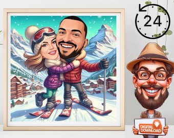 Retrato caricaturesco personalizado de esquí, regalo de aniversario (descarga digital)