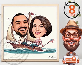 Caricatura personalizada de pareja, regalo de aniversario, dibujo lineal (descarga digital)