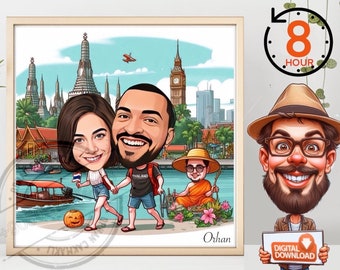 Retrato caricaturesco personalizado de Tailandia, regalo de aniversario (descarga digital)
