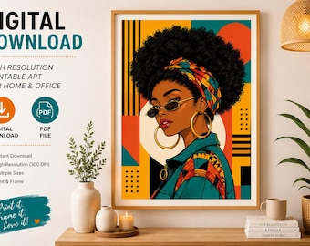 Afrocentric Woman Music Wall Art Print, Modern Fashion Poster (Digital Download)