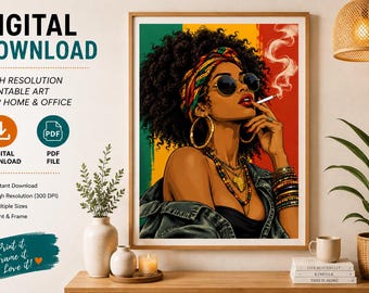 Afrocentric Woman Music Wall Art, Stylish Black Woman Fashion Print (Digital Download)
