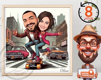 Retrato de caricatura de patineta personalizado: regalo familiar (descarga digital)