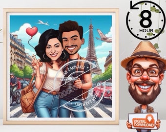Retrato caricaturesco personalizado de Francia, regalo de aniversario (descarga digital)