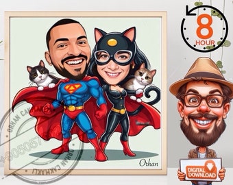 Retrato caricaturesco personalizado de la familia Hero, regalo divertido de dibujos animados (descarga digital)