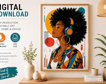 Afro Girl Music Wall Art, Black Woman Fashion Print, Afrocentric Decor (Digital Download)