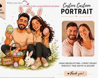 Custom Family Easter Portrait - Personalized Digital Cartoon Illustration - Printable Wall Art, Easter Day, Paskalya