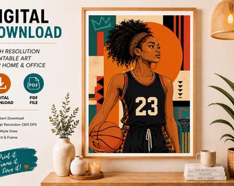 Afrocentric Basketball Player Print, Stylish Woman Wall Art (Digital Download)