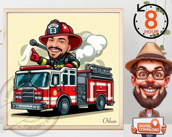 Retrato caricaturesco personalizado de bombero, regalo para el departamento de bomberos (descarga digital)