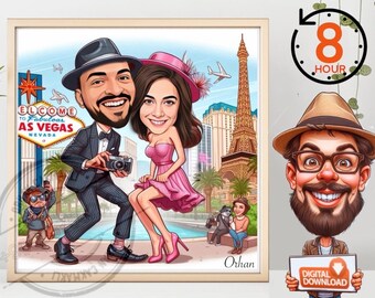 Retrato caricaturesco personalizado de Las Vegas, regalo de boda personalizado (descarga digital)
