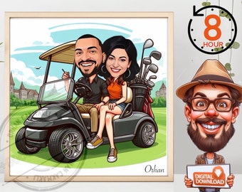 Caricatura personalizada de pareja de golfistas, regalo de aniversario, retrato de boda (descarga digital)
