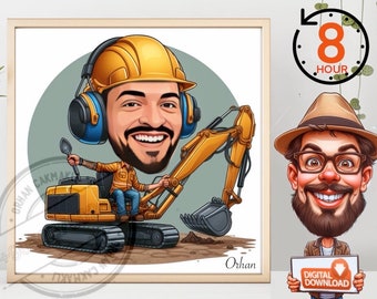 Retrato de caricatura de montacargas personalizado: Regalo de construcción (Descarga digital)