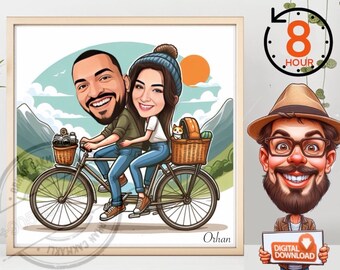 Caricatura personalizada de pareja en bicicleta, regalo de aniversario (descarga digital)