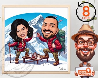 Retrato personalizado de caricatura de viaje al Everest: regalo de San Valentín personalizado (descarga digital)