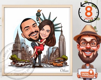 Retrato caricaturesco personalizado de Nueva York, regalo de boda único (descarga digital)