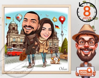 Caricatura de viaje personalizada a Alemania, retrato de boda (descarga digital)