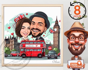 Retrato de caricatura personalizado de Londres: regalo familiar (descarga digital)