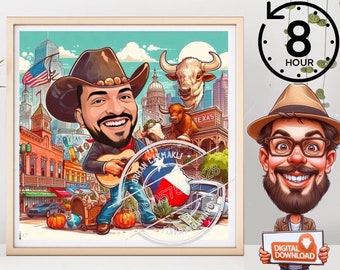 Retrato caricaturesco personalizado de Texas, regalo familiar divertido (descarga digital)