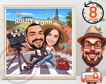 Retrato caricaturesco personalizado de pareja, diseño de boceto de Hollywood (descarga digital)