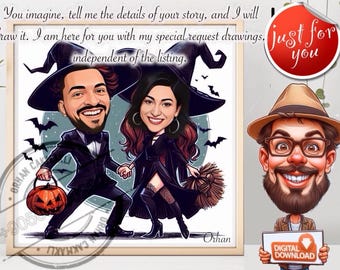 Retrato de pareja de Halloween personalizado: Boceto de dibujo lineal (Descarga digital)